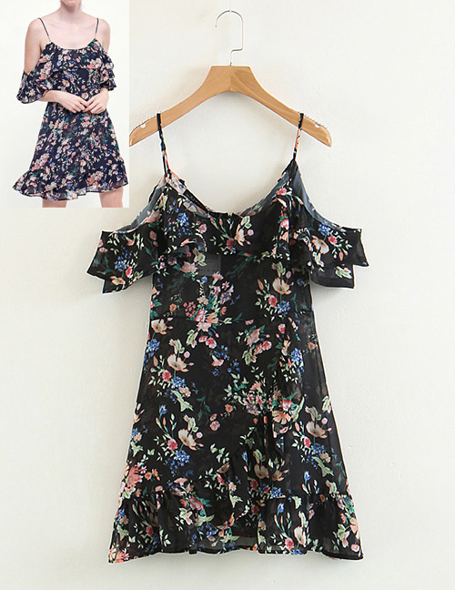 Fashion Black Flower Shape Pattern Suspender Dress