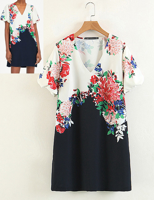 Fashion Black+white V Neckline Design Flower Pattern Dress