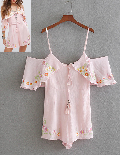 Fashion Pink Embroidery Flower Decorated Suspender Jumpsuits