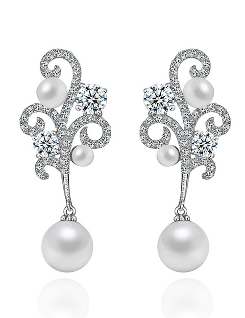 Fashion Silver Color Flower Shape Decorated Pearl Earrings