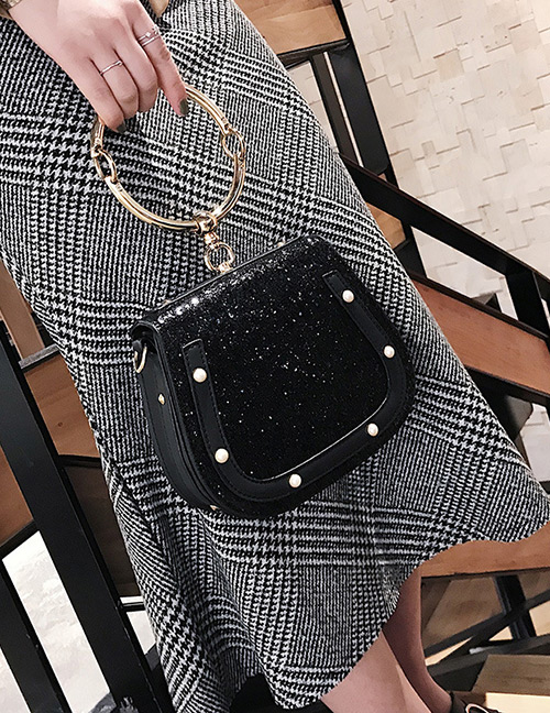 Fashion Black Paillette Decorated Round Bag