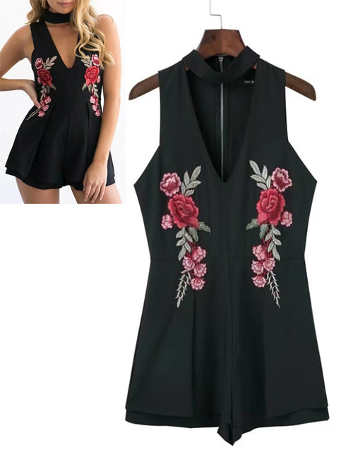 Fashion Black Flower Pattern Decorated V Neckline Jumpsuit