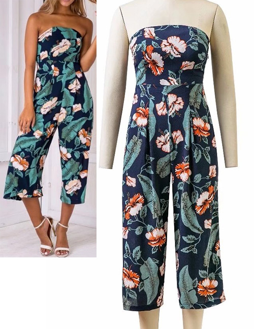 Fashion Green Flower Pattern Decorated Jumpsuit