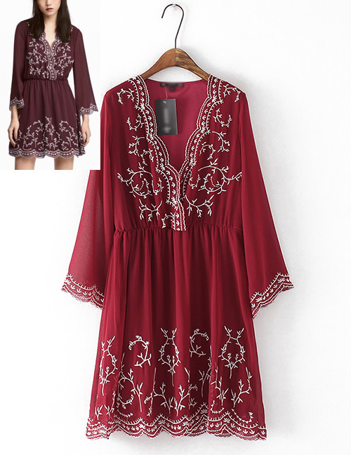 Fashion Claret Red Embroidery Flower Design Long Sleeves Dress