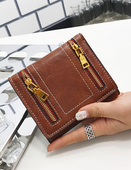 Fashion Brown Zipper Decorated Wallet