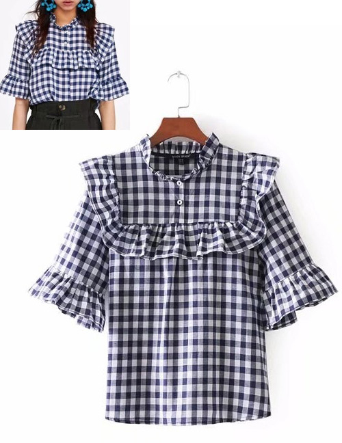 Fashion Blue+white Grid Pattern Decorated Shirt