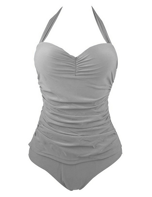 Fashion Gray Pure Color Decorated Swimwear