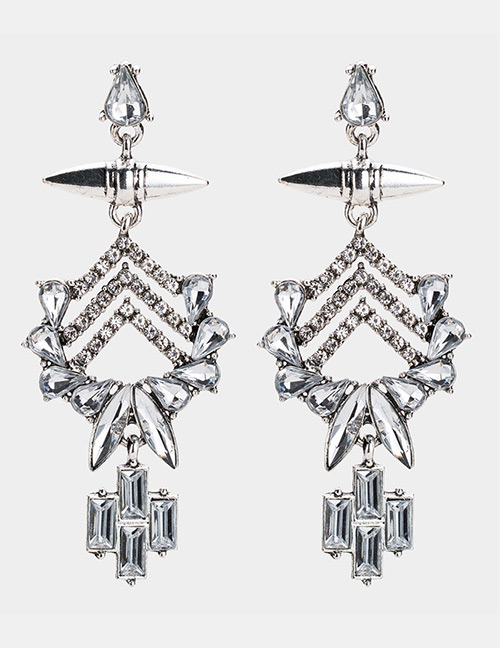 Elegant Silver Color Geomtric Shape Diamond Decorated Earrings