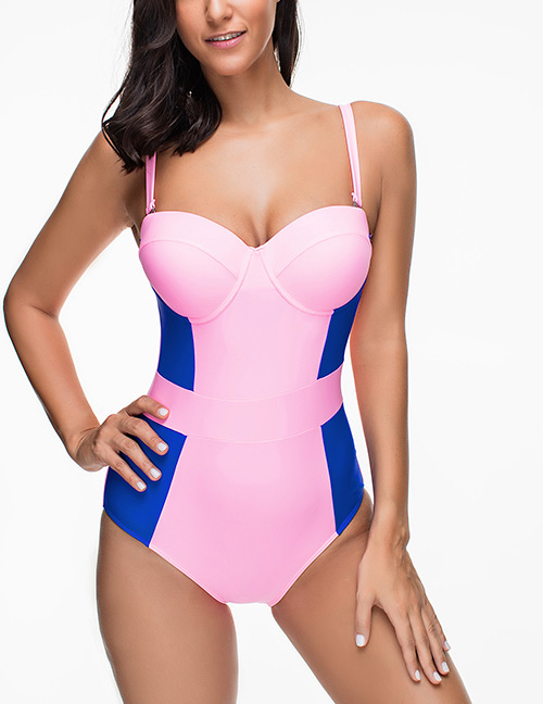Sexy Pink+blue Color Matching Design Larger Size Swimsuit