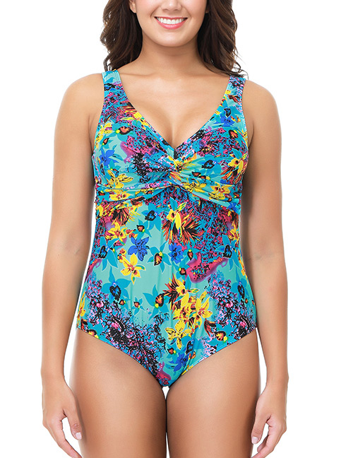 Sexy Blue Flowers Pattern Decorated V Neckline Swimsuit