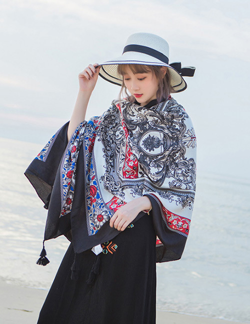 Fashion Red+black Flowers Pattern Decorated Beach Scarf