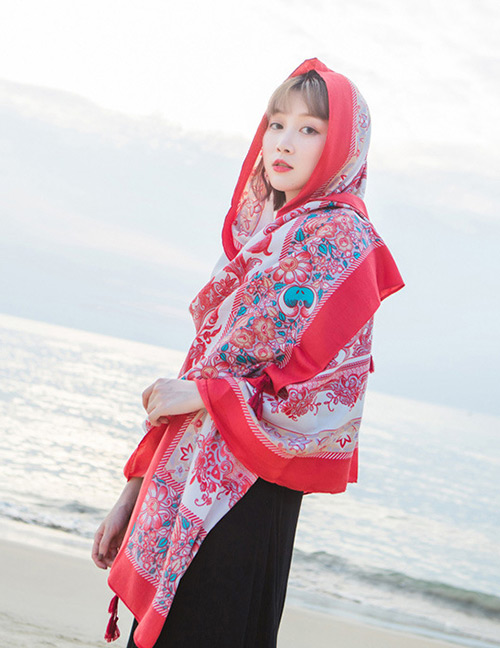Fashion Red+white Flowers Pattern Decorated Beach Scarf
