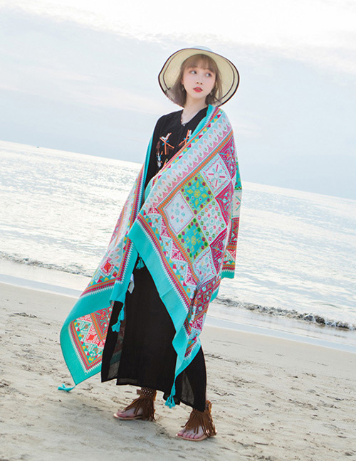 Fashion Green+white Square Shape Pattern Decorated Beach Scarf