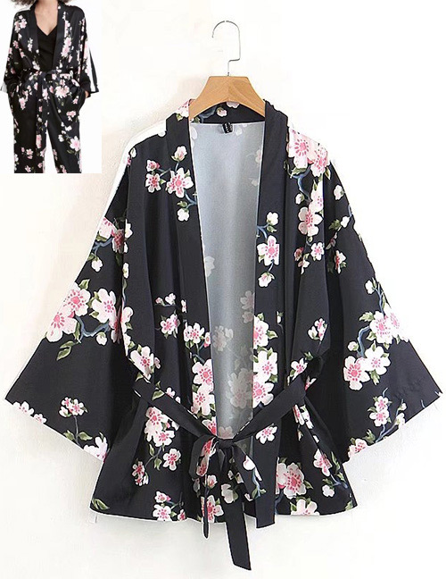 Fashion Black Flower Pattern Decorated Kimono