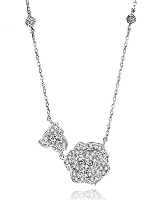 Fashion Silver Color Full Diamond Decorated Flower Necklace