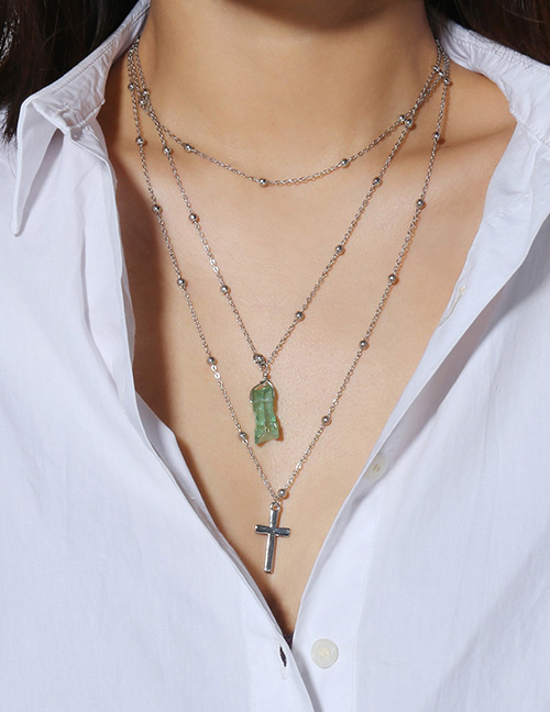 Fashion Green+silver Color Cross Shape Decorated Necklace