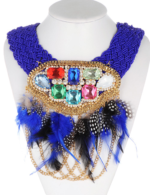 Fashion Sapphire Blue Feather Decorated Necklace