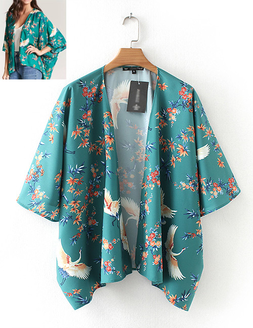 Fashion Green Flowers&crane Pattern Decorated Blouse