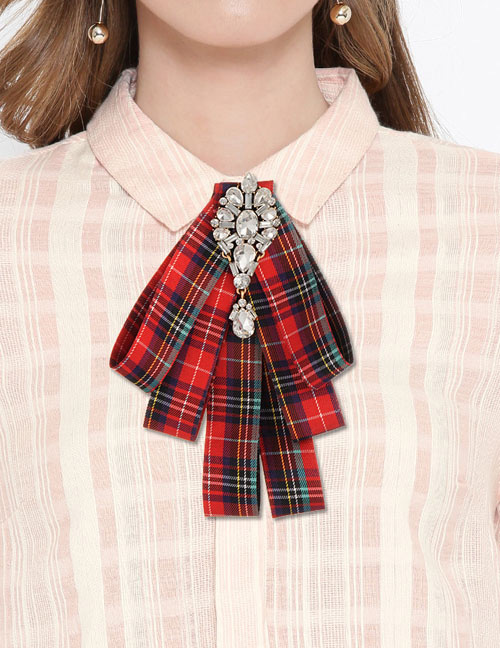 Fashion Red Grid Pattern Decorated Bowknot Brooch