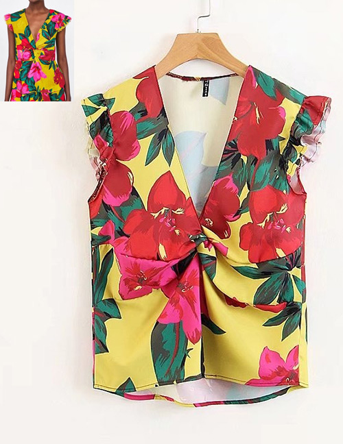 Fashion Red+yellow Flowers Pattern Decorated V Neckline Blouse