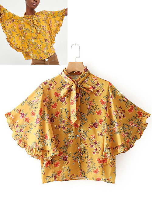 Fashion Yellow Flowers Pattern Decorated Simple Blouse
