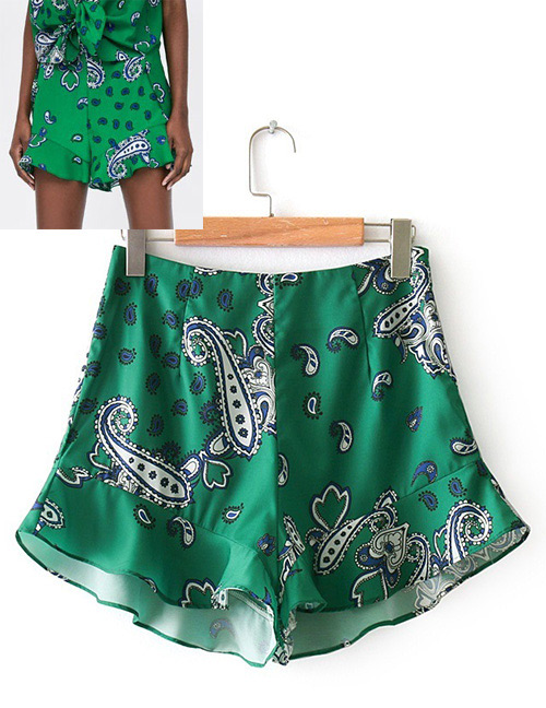Fashion Green Flowers Pattern Decorated Simple Shorts