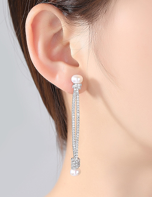 Fashion Silver Color Pearls&diamond Decorated Long Earrings