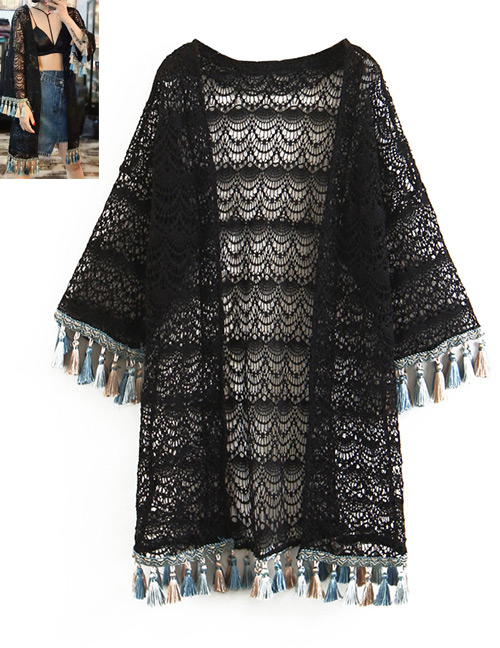 Fashion Black Tassel Decorated Hollow Out Sun-protective Smock