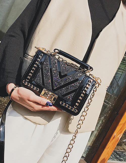 Fashion Black V Shape Pattern Decorated Shoulder Bag