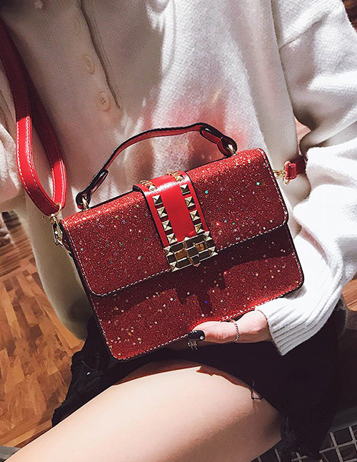 Fashion Red Sequins Decorated Square Shape Bag