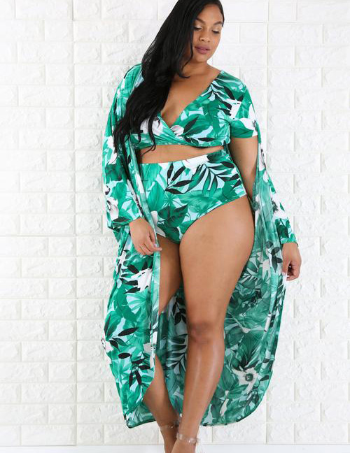 Sexy Green Leaf Pattern Decorated Larger Size Swimwear（Without Shawl)