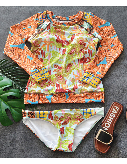 Sexy Orange Leaf Pattern Decorated Long Sleeves Swimwear