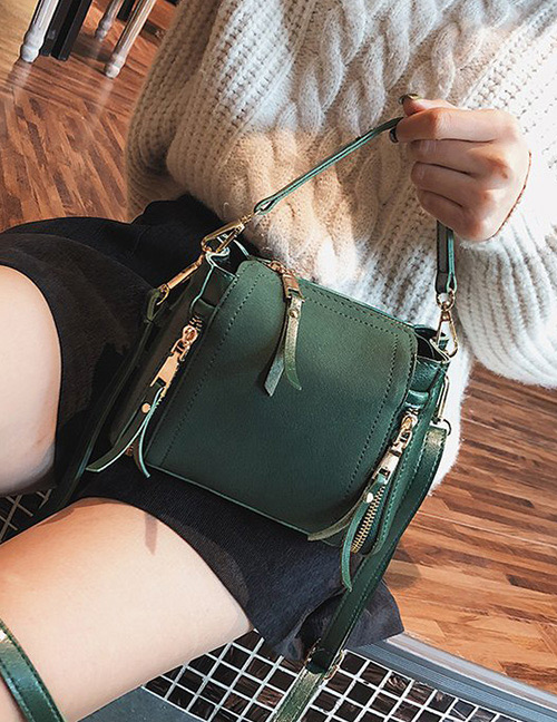 Fashion Green Double Zippers Decorated Pure Color Bag