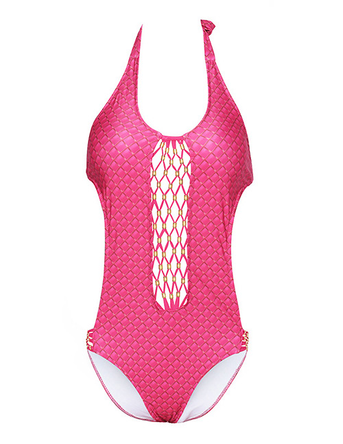 Sexy Plum Red Grids Pattern Decorated Hollow Out Swimwear