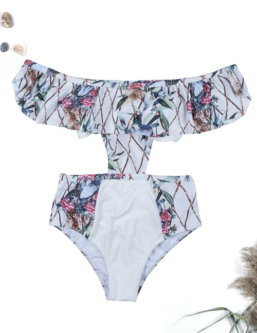 Sexy White Flower Pattern Decoratd One-piece Swimwear