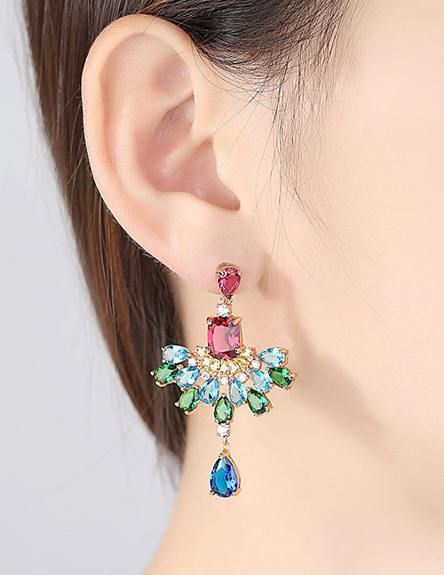 Fashion Pink+green Geometric Shape Diamond Decorated Earrings