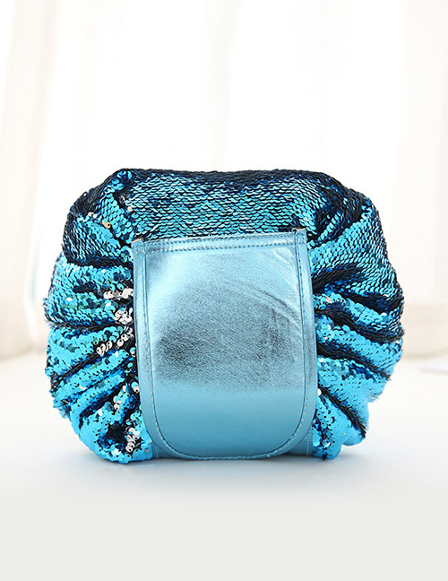 Fashion Blue Paillette Decorated Pure Color Cosmetic Bag