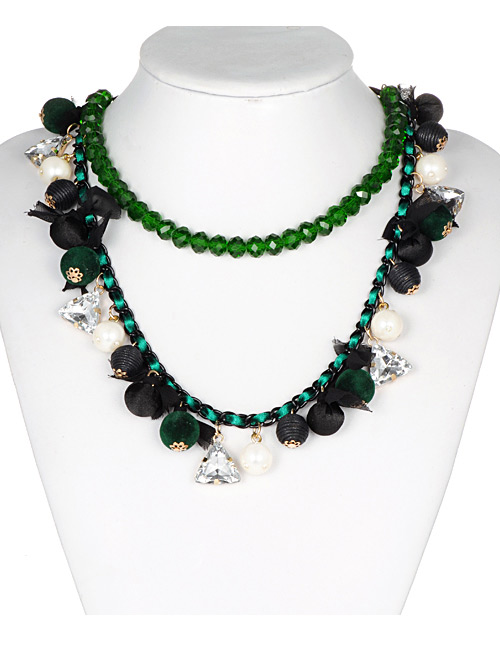 Fashion Green Full Diamond Decorated Double Layer Necklace