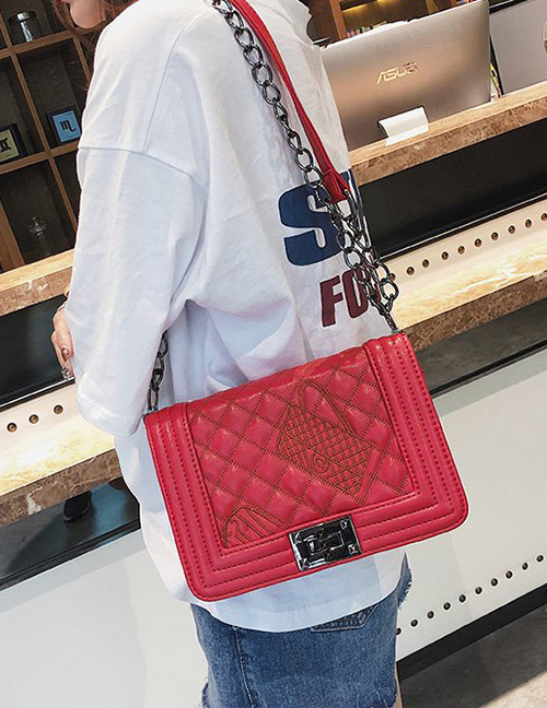 Fashion Red Grid Shape Design Pure Color Shoulder Bag