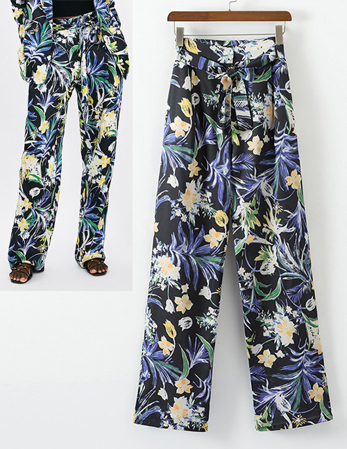 Fashion Black Flowers Pattern Decorated Wide-legs Pants