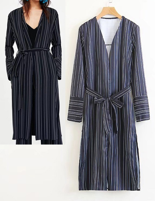 Fashion Navy Stripe Pattern Decorated Coat