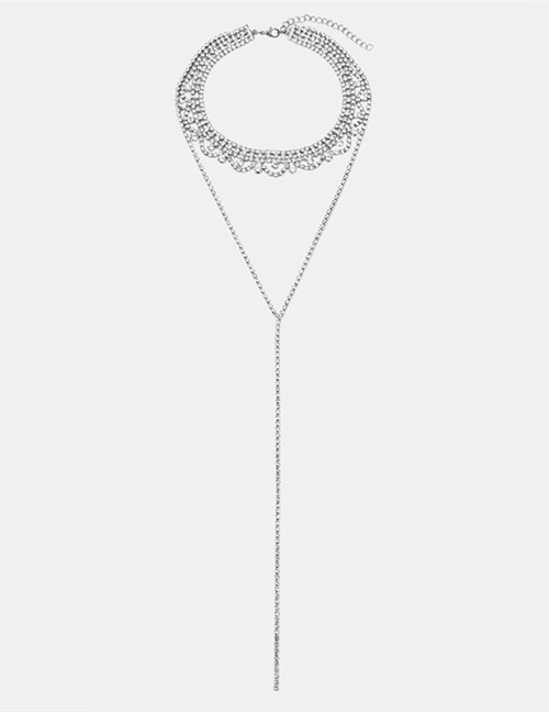 Fashion Silver Color Full Diamond Decorated Y Shape Necklace
