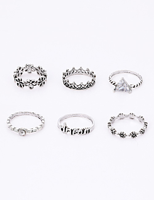 Fashion Silver Color Flowers Decorated Pure Color Ring(6pcs)