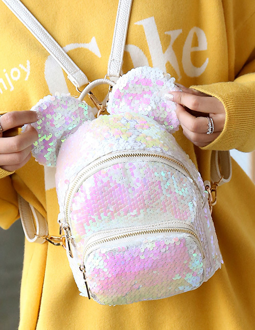 Fashion White Ear Decorated Paillette Backpack