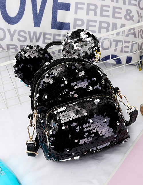 Fashion Black Ear Decorated Paillette Backpack