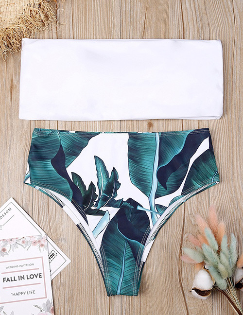 Sexy White+green Leaf Pattern Decorated Simple Swimwear(2pcs)