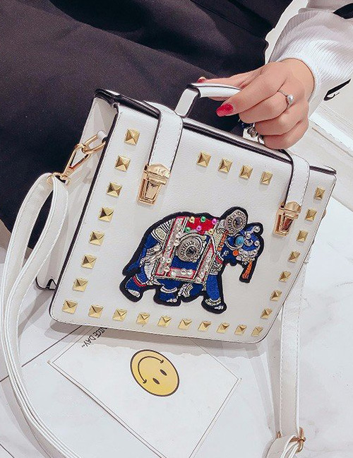 Fashion White Elephant Pattern Decorated Handbag