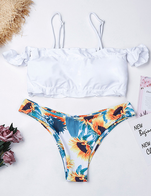 Fashion White Sunflower Pattern Decorated Split Swimwear