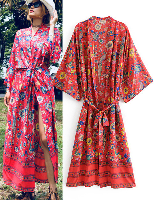 Fashion Red Birds&flowers Pattern Decorated Kimono
