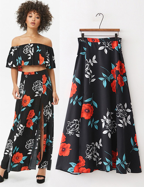 Fashion Black Flower Pattern Design Simple Skirt